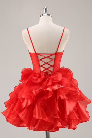 Red A Line Corset Keyhole Ruffled Short Homecoming Dress With Bows